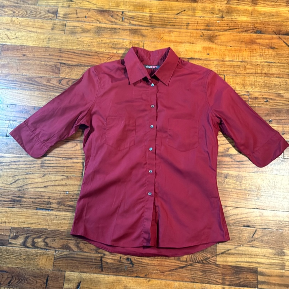 Daryl K - 189 Y2K Burgundy Fitted‎ Blouse Cuffed 1/2 Sleeve Button Up Siz…